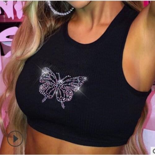 Womens Sexy Crop Tank Tops, Casual Crewneck Sleeveless Rhinestones Butterfly Vests