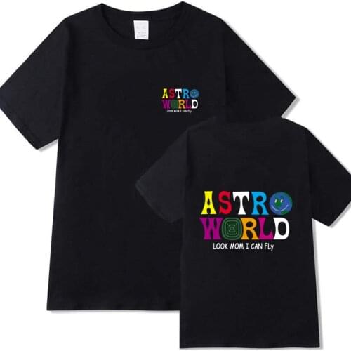 Fashion Mens T-Shirt Travis Scotts Hip Hop T Shirt Men Women ASTROWORLD Mom Look I Can Fly Letter Print Funny Tshirts Cotton Tee