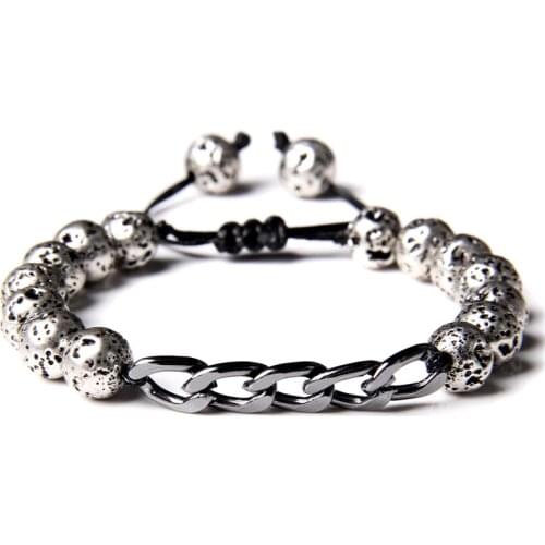 Fashion Natural Volcanic Lava Stone Metal Chain Charm Bracelet Adjustable Rope Handsome Cool Men Rock Labradorite bracelet gift