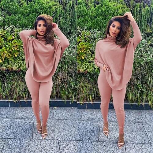 TNNAOFF Fall Winter Two Piece Set for Women Batwing Sleeve Turtleneck Tops Sexy Skinny Elastic Pants Lounge Wear Matching Sets