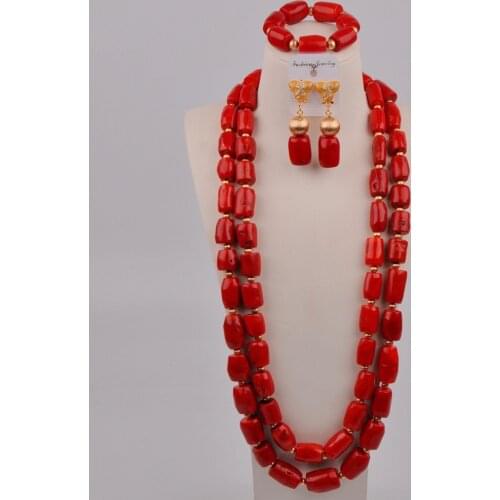 Natural Red Coral Bead Couple Necklace Women Nigeria Wedding Groom Bride Wedding Dress Accessories Jewelry Set AU-216