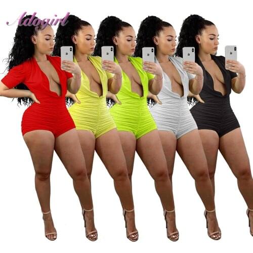 Neon Ruched Women Rompers One Piece Playsuit Sexy Deep V Neck Short Puff Sleeve Party Club Skinny Jumpsuit Summer Outfit Overall