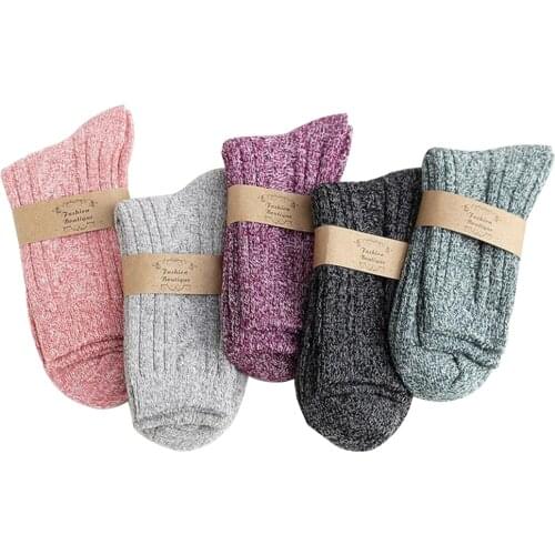 New Women Solid Thickened Winter Warm Wool Stripe Socks Tube 5 Pairs/Pack