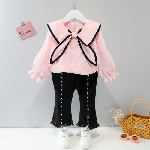 0-4 years old autumn new baby lovely bow set childrens solid color shirt trousers two-piece set baby sweet childrens clothes