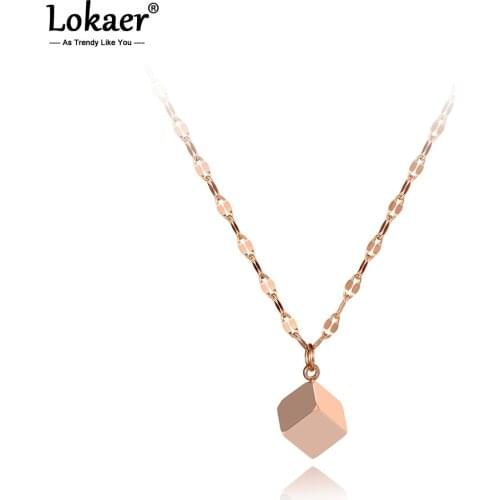 Lokaer Trendy Square Charm Pendant Necklaces For Women Girls Rose Gold Titanium Stainless Steel Chain Necklace Jewelry N19134