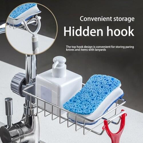 Kitchen Faucet Shelf Stainless Steel Sponge Dish Cloth Finishing Rack Adjustable Drainer Dry Rack Pool Rag Storage Organizer