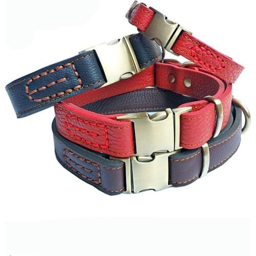Feiling Adjustable Dog Collar Genuine Leather Pet Basic Collars Solid Color for Small Medium and Large Dogs