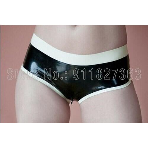 Sexy Womens 100% Latex Pants Women Rubber Panties Across Hiden Crotch Zipper Convenience Shorts Black w White Trim Customized