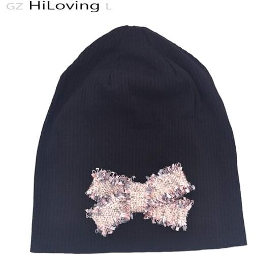 Women Winter Hat Slouchy Cotton Ribbed Black Beanies Skullies For Ladies Autumn Bow Knot Knitted Hat Oversize Stretch Bonnet Cap