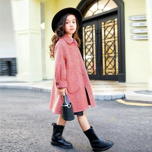2019 Baby Girl Wool Coat Autumn Winter Girls Jacket With Pockets Girls Outerwear Kids Red Plaid Jackets For Girls 12 14