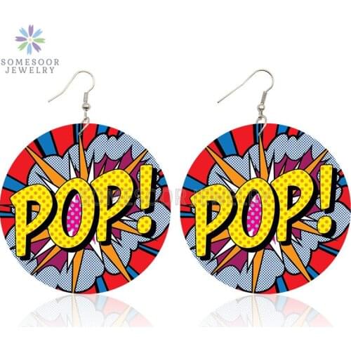SOMESOOR POP LOL WOW Comic Bubble Printed Wood Drop Earrings Cool Queen Hiphop Cartoon Designs Dangle Jewelry For Women Gifts