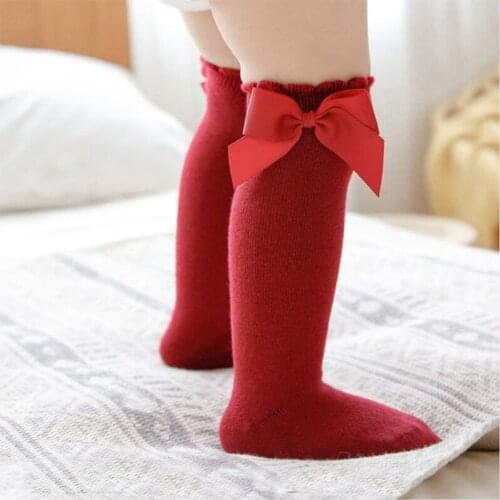 Spanish Style Spring Autumn Cotton Blended Big Bow Baby Middle Stockings Solid Color Girls Cute Knee-Length Socks