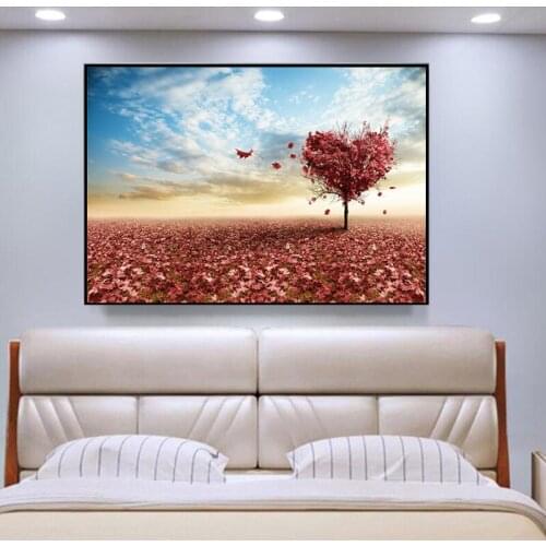Yumeart Home Decor Canvas Painting Wall Art Print Landscape Red Heart Shape Tree Canvas Art Painting Tree Home Decor Pictures Pr