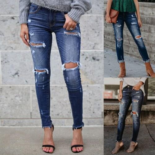 Women Denim Skinny Trousers High Waist Jeans Destroyed Knee Holes Pencil Pants Trousers Stretch Ripped Boyfriend Female