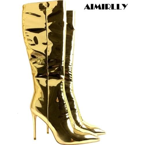 Womens Shoes Pointed Toe High Heels Knee Boots Gold Metallic Mirror Patent Leather Full Zipper Fashion Female Footwear