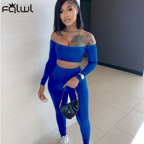 FQLWL Summer Bodycon Soild Streetwear 2 Two Piece Sets Women Outfits Off Shoulder Long Sleeve Crop Top Pants Suits Matching Sets