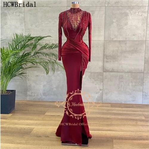 Exquisite Beading Long Sleeves Burgundy Evening Dress High Neck Side Slit Satin Floor Length Mermaid Formal Women Evening Gowns