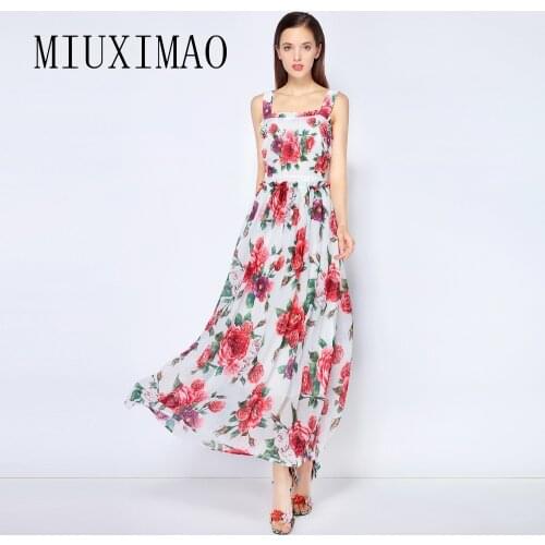 2018 Summer New Arrival A-Line Square Collar Sleeveless Spaghetti Strap Ruffles Elegant Print Ankle-Length Long Dress Women