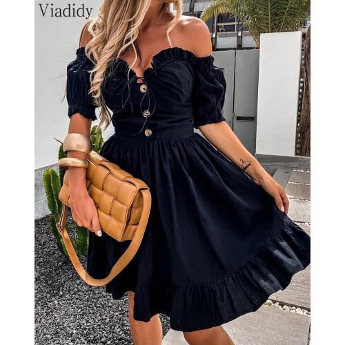 Women Off Shoulder V Neck Button Design Mini Dress Short Sleeve Lace-up A-line Ruffles Black Dress