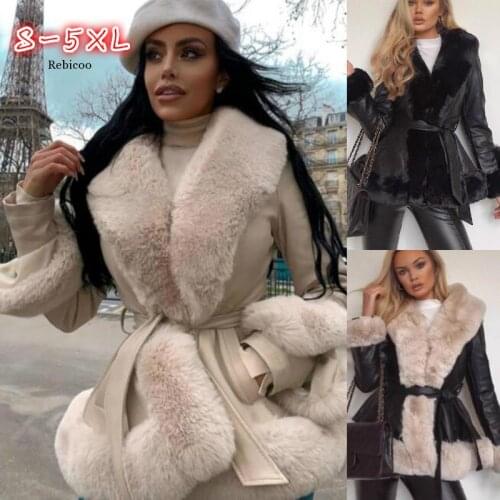 Women Faux Fur Lapel Collar Leather Pu Warm Coat with Belt Female Elegant Winter Corset Cardigan Jacket Windbreaker