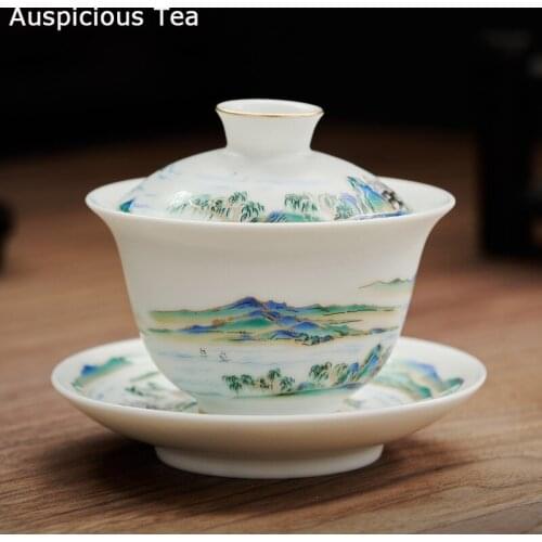 180ml Jingdezhen Landscape Ceramic Gaiwan Cup Hand-painted Tea Tureen Chinese Retro Tea Set Accessories Tea Ceremony Drinkware