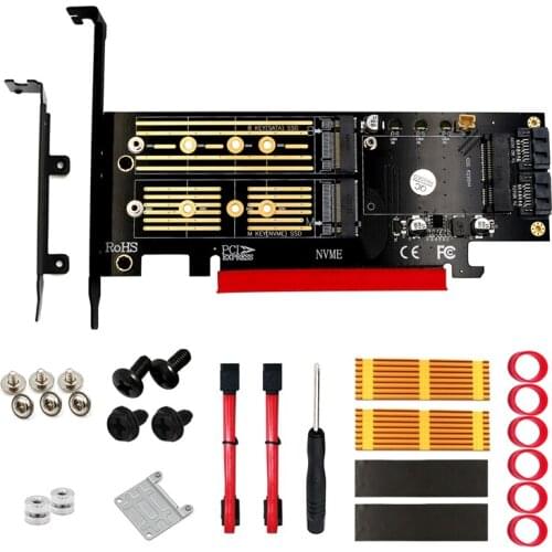 3 in 1 Msata and M.2 NVME SATA SSD to PCI-E 4X and SATA3 Adapter with Heatsink Supports PCIE M.2 SSD