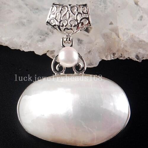 Free Shipping Women Fashion Jewelry 40x51x10mm Beautiful White Mother of pearl Shell Oval Pendant Bead C3767