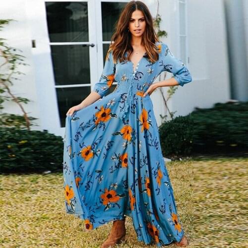 DANJEANER Sexy V Neck Half Sleeve Printed Boho Dress Women Elegant Long Dress High Split Beach Summer Floral Dress Vestidos