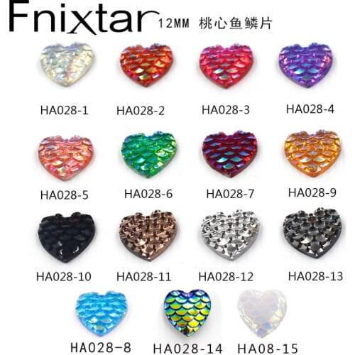 Fnixtar 100pcs 12mm shiny AB color figure of fish scale heart Resin Flat back Cabochon Art Supply Decoration Charm Craft