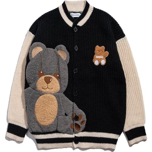 Mens Cardigan Retro Color Matching Cute Bear Sweater Embroidery Streetwear Oversized Harajuku Knitwear Coat Men Clothing