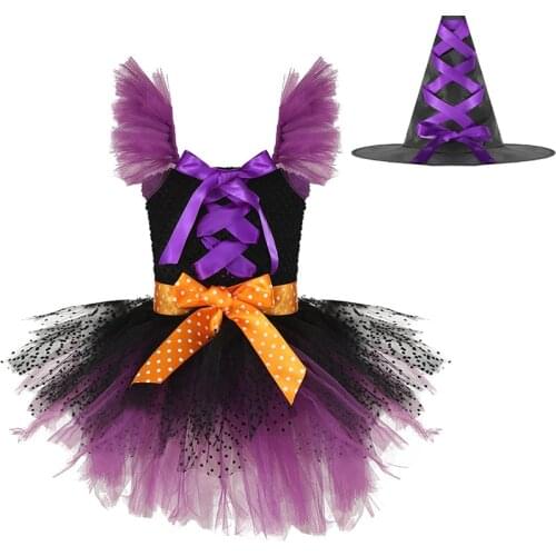 Kids Girls Halloween Witch Cosplay Costume Mesh Tutu Belt Dress with Pointed Hat Set for Carnival Themed Party Dress Up Clothes
