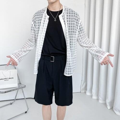 2021 Stylish Summer Jacket Men Collarless Black White Plaid Mesh Breathable Sunscreen Coat Loose Ultra-thin Casual Clothing Man