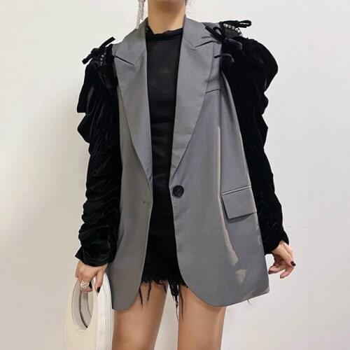 Patchwork Casual Blazer For Women Notched Long Sleeve Lace Up Bowknot Large Size Loose 2020 Autumn Fashion New Style K917