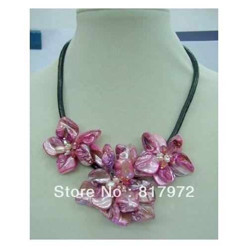 Sweet Girl Handmade shell slice Knit three Pink Beautiful Flower Bib Pendant Chain Necklace Chunky Hide Rope Gift