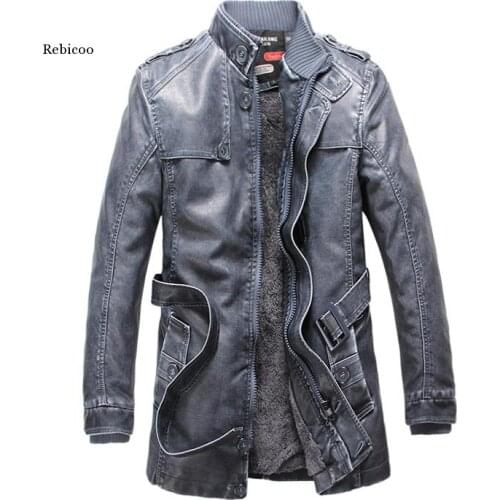 Mens Trench New Winter Pu Jacket Men Leather Motorcycle Thicken Long Trench Coat Jackets Outerwear Male Warm Overcoat