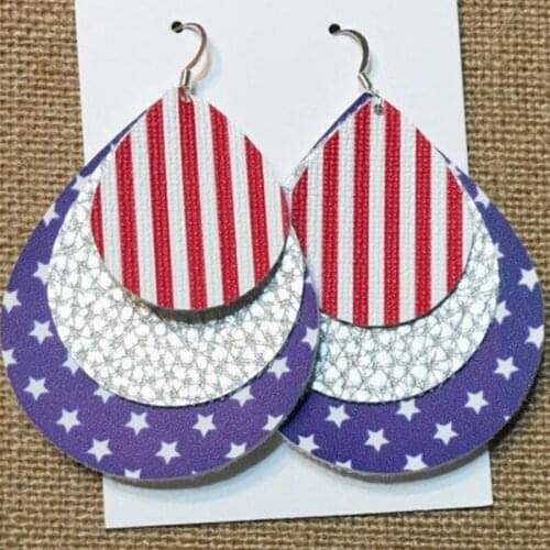 Layers Faux Leather Earrings Navy Blue Star Earrings with Layer of Red and White Stripe Earrings