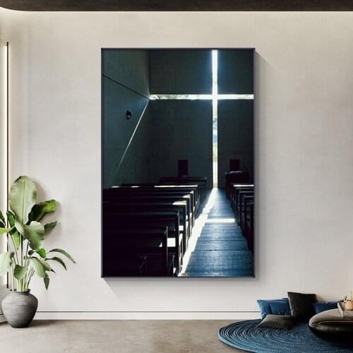 Modern Building Interior Design Canvas Painting Cross Light and Shadow Church Poster Wall Picture for Living Room Bedroom Decor