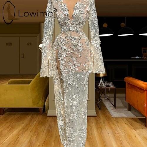 Arabic Style Long Flared Sleeve Mermaid Evening Dresses Sexy Deep V Neck Illusion Evening Gowns High Split