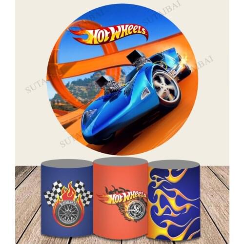 Hot Wheels Round Photography Backdrop Boys Happy Birthday Racing Car Photo Background Blue Circle Vinyl Photo Booth Prop