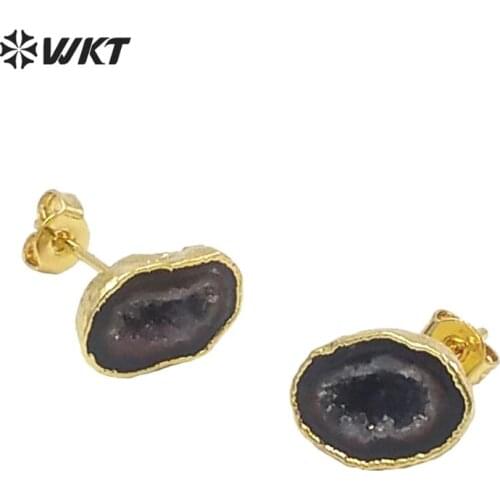 WT-E330 Wholesale Custom Unique Geode Stone Earrings 5pcs/lot With Gold Color For Fashion Jewelry Making