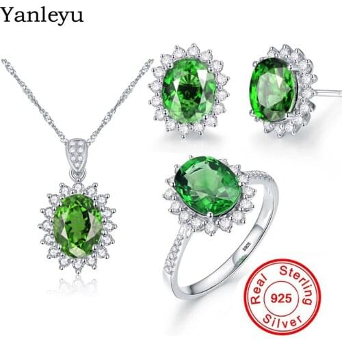 Yanleyu Luxury Bridal Engagement Jewelry Set 100% 925 Sterling Silver Green Gemstone Crystal Ring Necklace Earrings PS010