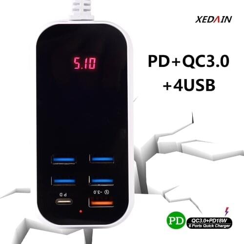 6 Ports PD18W Tpye C USB Quick Charger EU Plug QC3.0 Charger For iPhone 11 12 Pro Samsung S10 Xiaomi Redmi Laptop Fast Charging