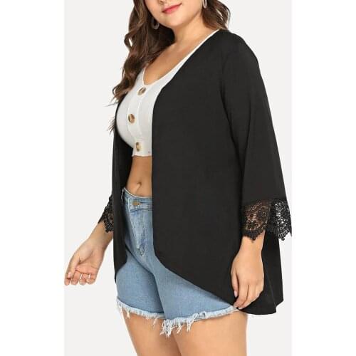 Womens Solid Plus Size Lace Beach Veil Loose Shawl Cardigan Top Cover Up Long Sleeve Blouse Chemisier Femme #G3