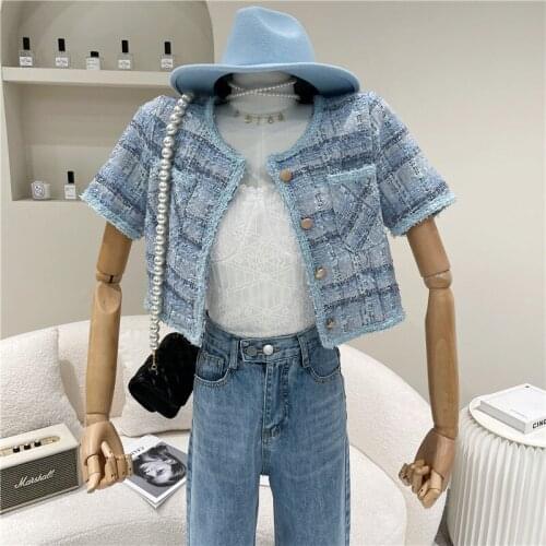 Ladies French short-sleeved thin plaid frayed tweed short-sleeved Jacket Women summer 2021 New retro round neck elegant blouse