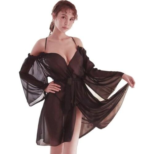 Woman Lingerie Nightgown Nightdress Sexy White Transparent Spaghetti Strap Pajamas Thin V-neck Lace Chaiffon Loose Sleepwear