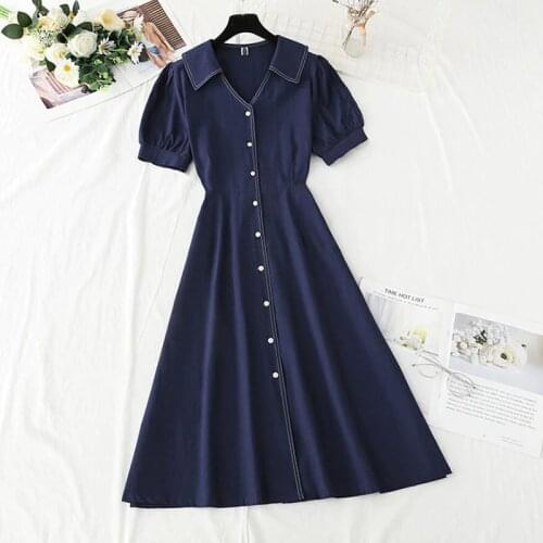 2021 Summer Solid color Long Dress V-neck Vintage Casual Cotton Linen Vestidos Women Sundress Black Short sleeve Dresses