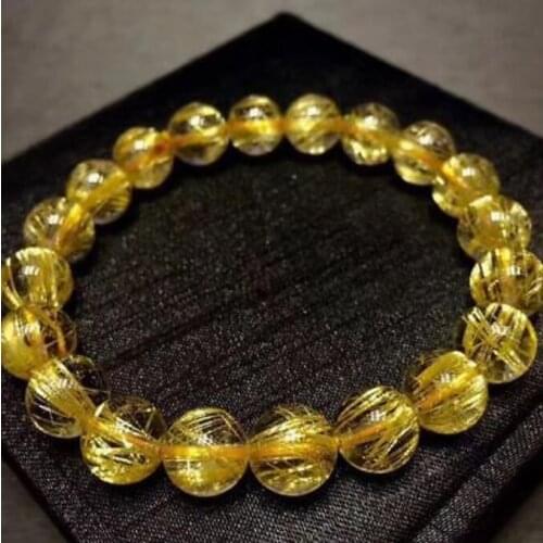 10mm Natural Gold Rutilated Quartz Titanium Stretch Round Crystal Beads Bracelet