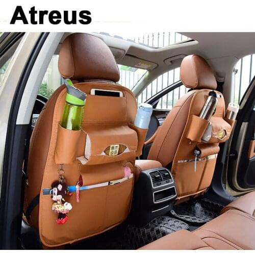 Atreus 1pcs Genuine Leather Car Seat storage Hanging bags For Mercedes benz W204 W203 W211 AMG Mini cooper Skoda octavia a5 a7