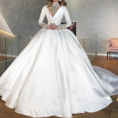 SuperKimJo Off White Wedding Dress 2020 Boho Vestido De Noiva High Neck Crystals Princess Satin Elegant Wedding Gown Robe