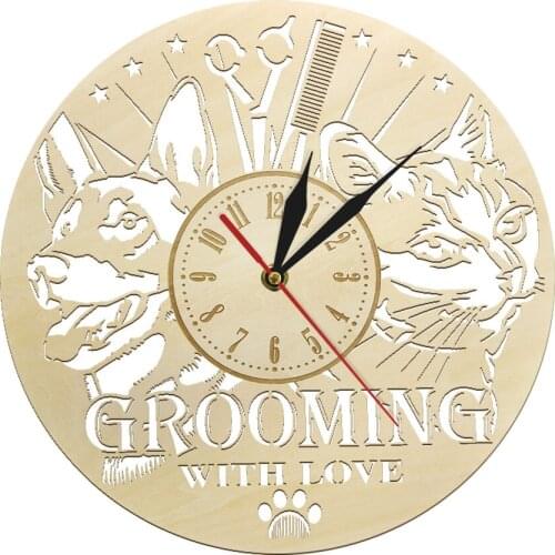 Pet Shop Grooming With Love 3D Wooden Large Wall Clock Modern Design Slient Retro Horloge Watch reloj pared Dog Groomer Gift